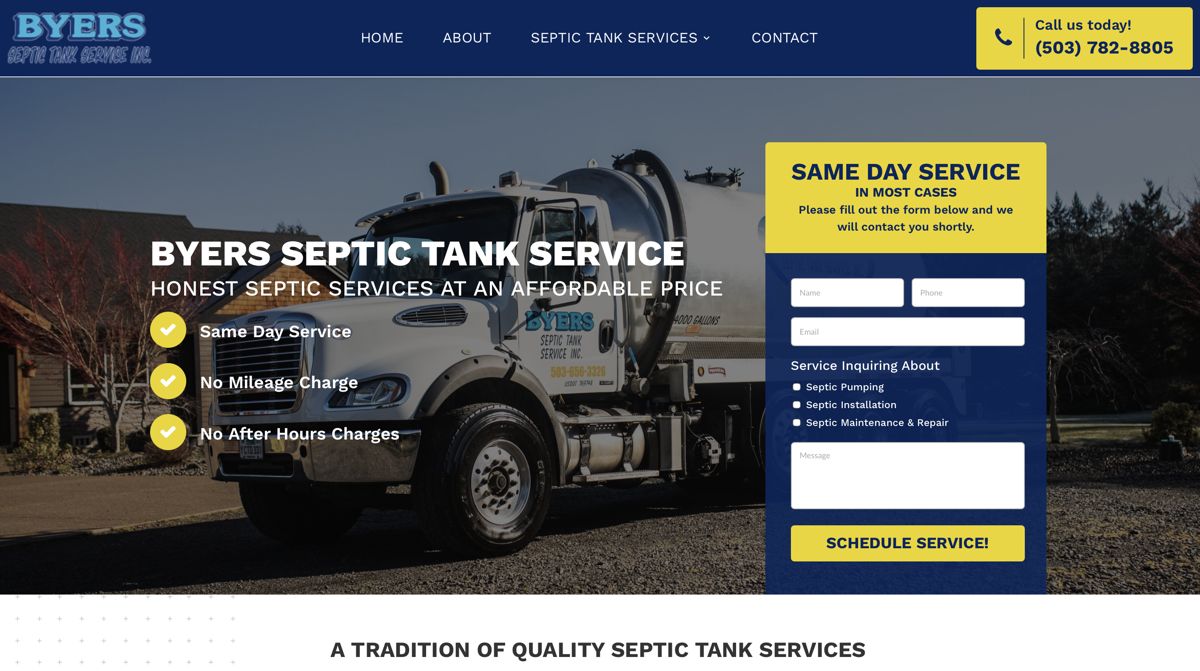 Byers Septic website homepage